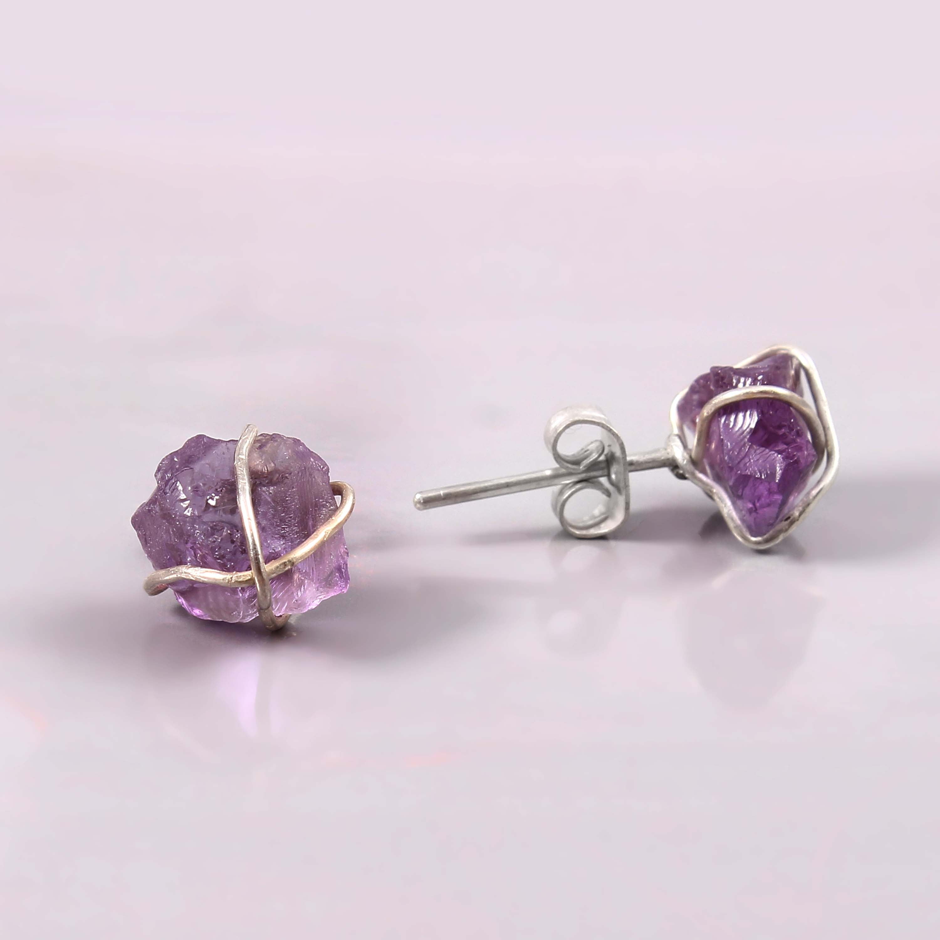 Natural Purple Amethyst Rough Gemstone Stud Earrings