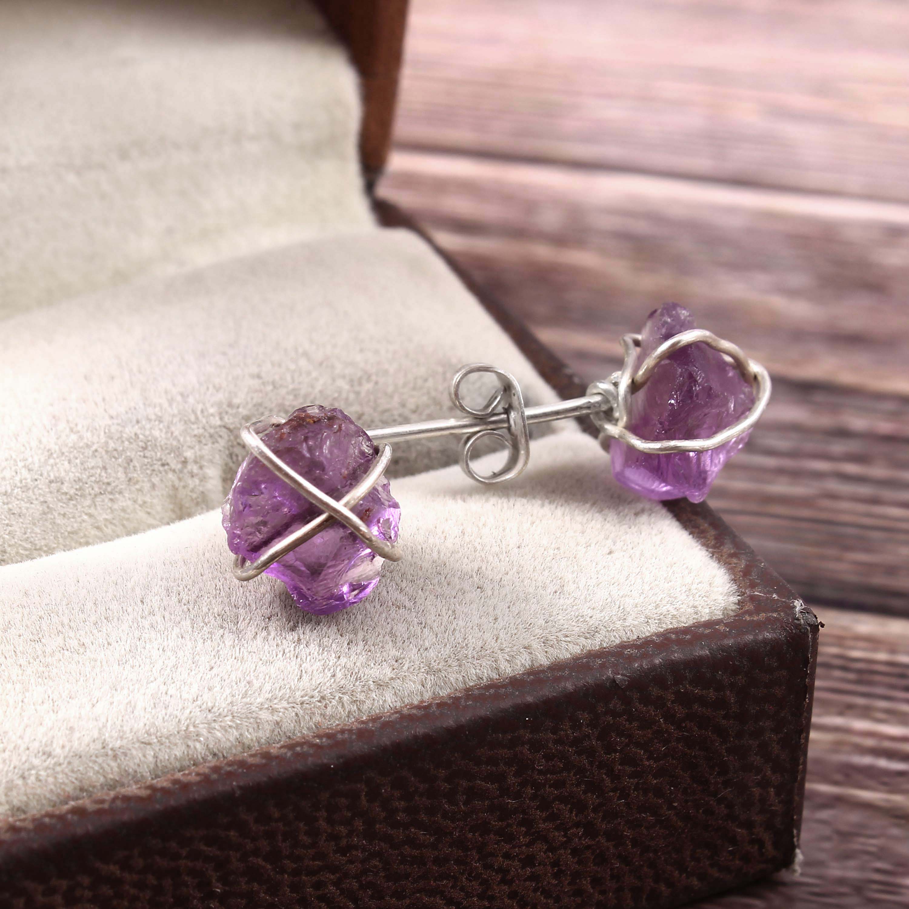 Natural Purple Amethyst Rough Gemstone Stud Earrings