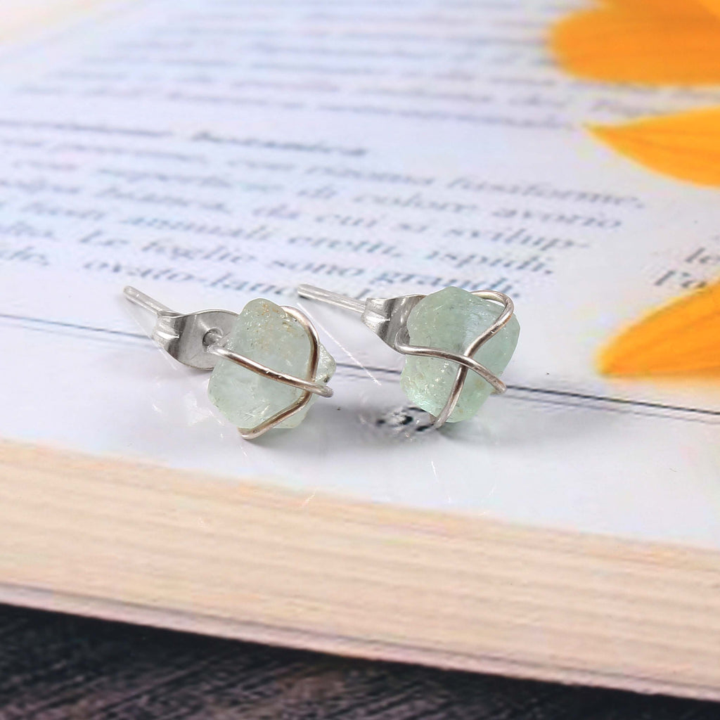 Natural Aqua Chalcedony Rough Gemstone Stud Earrings