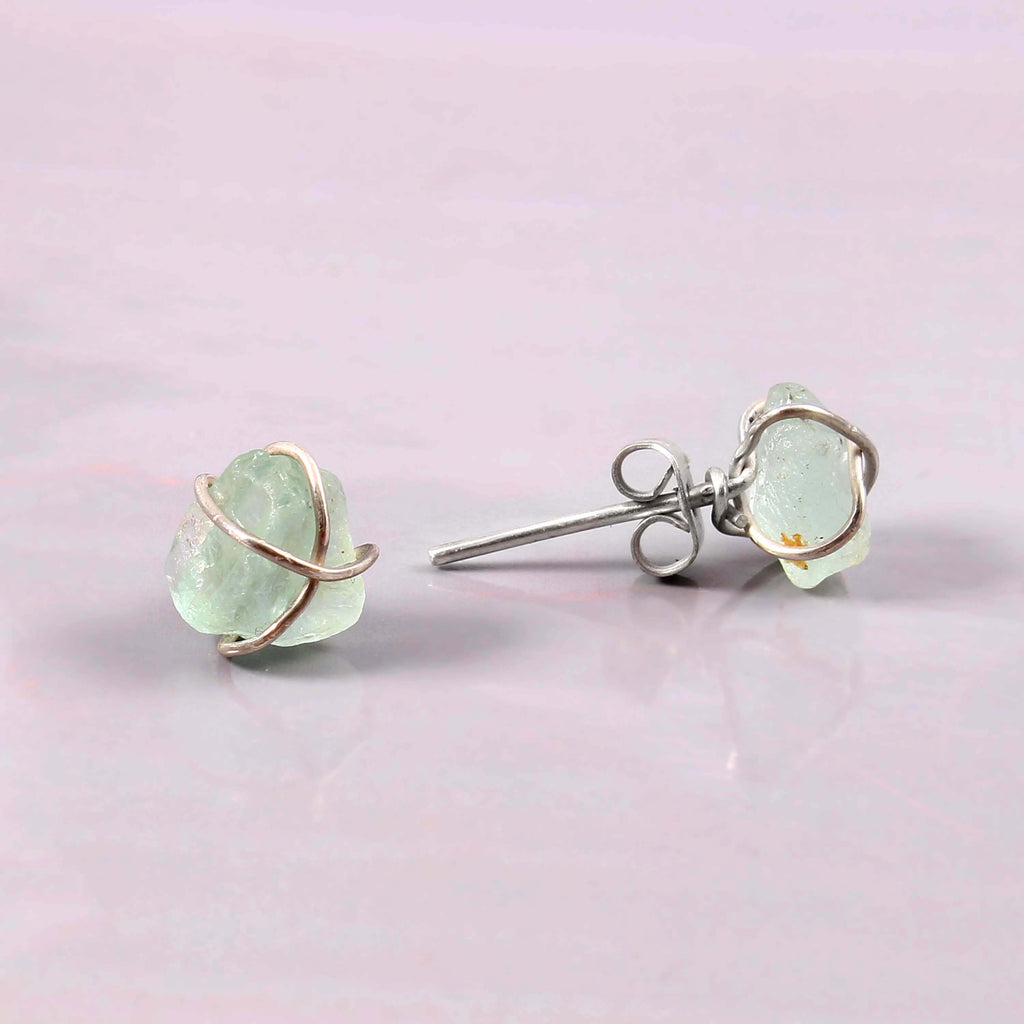 Natural Aqua Chalcedony Rough Gemstone Stud Earrings