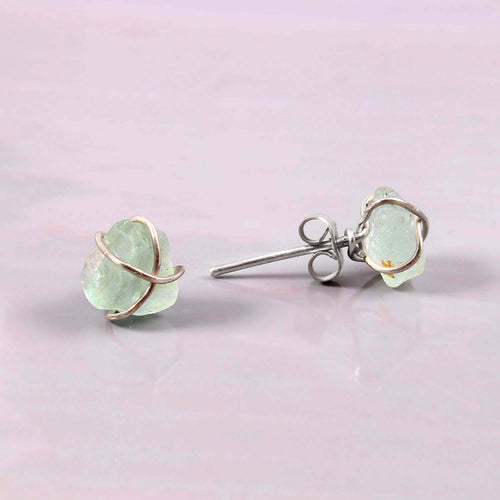 Natural Aqua Chalcedony Rough Gemstone Stud Earrings