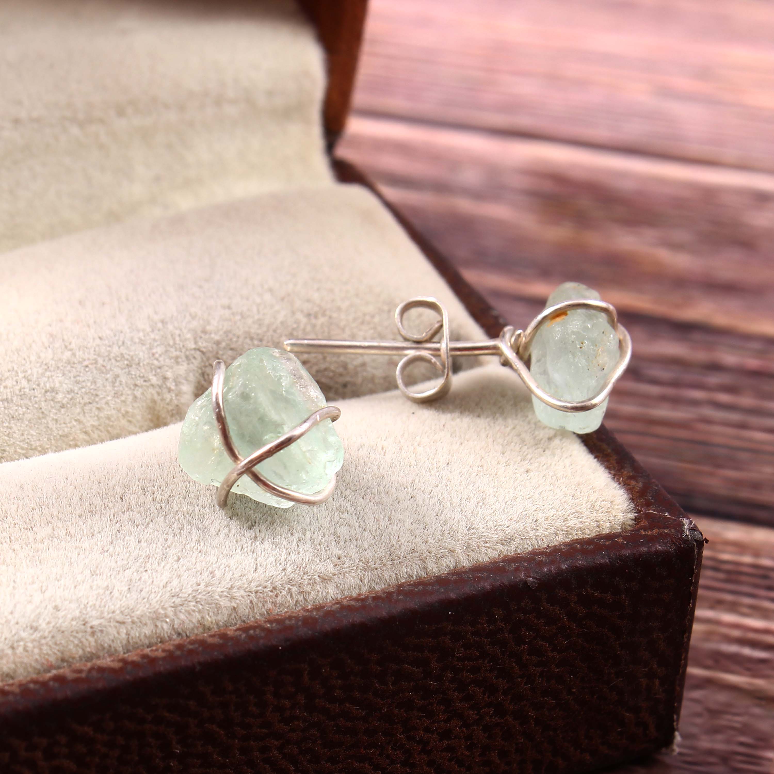 Natural Aqua Chalcedony Rough Gemstone Stud Earrings
