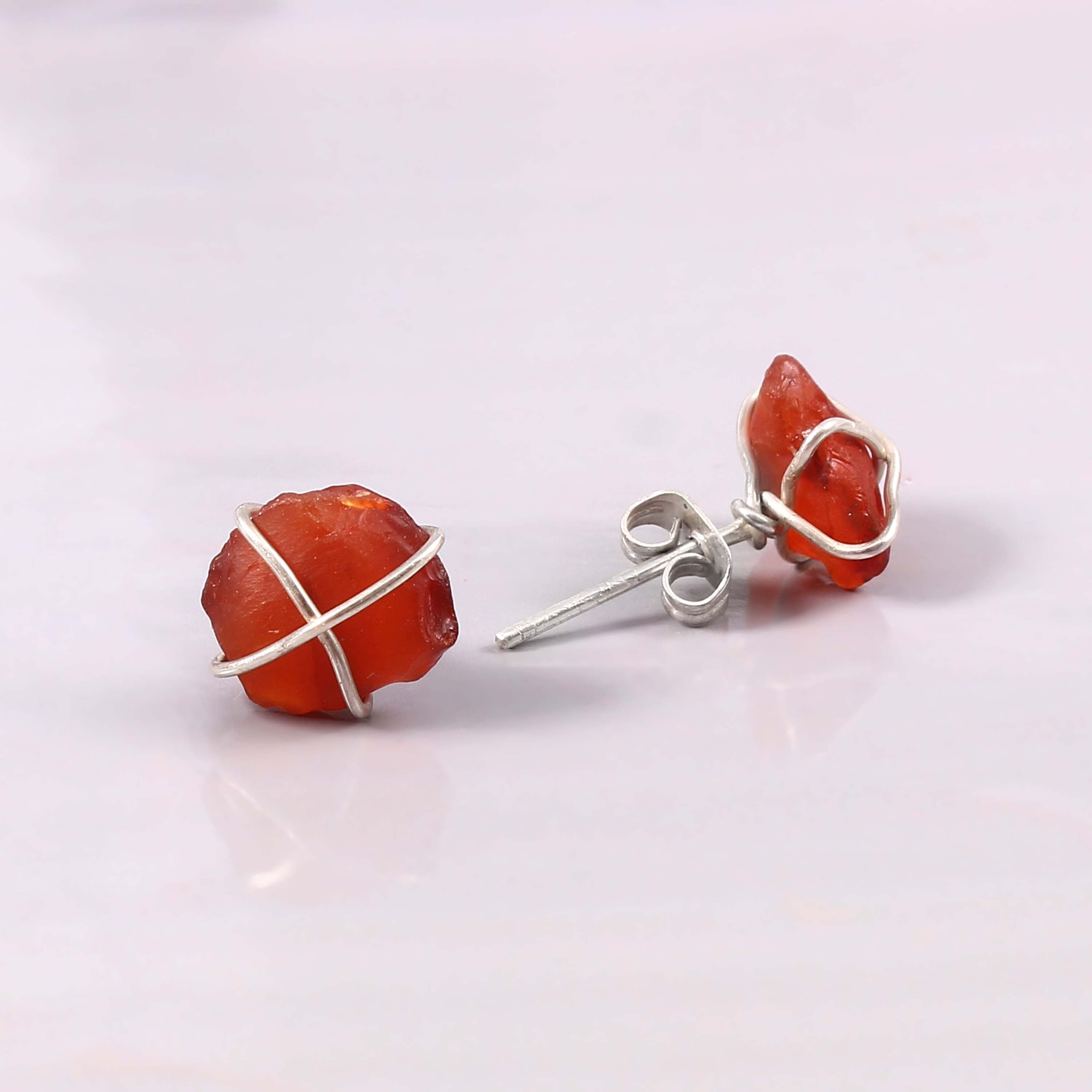 Natural Red Carnelian Rough Gemstone Stud Earrings
