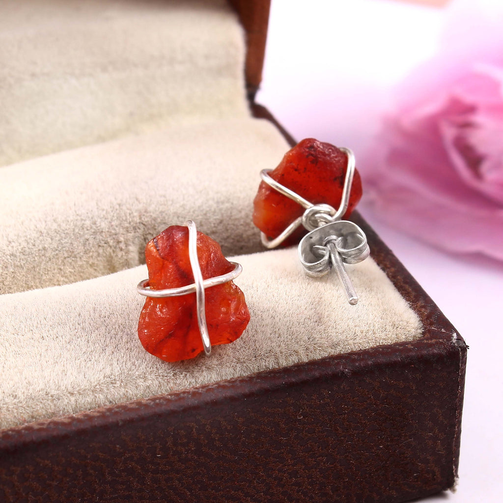Natural Red Carnelian Rough Gemstone Stud Earrings