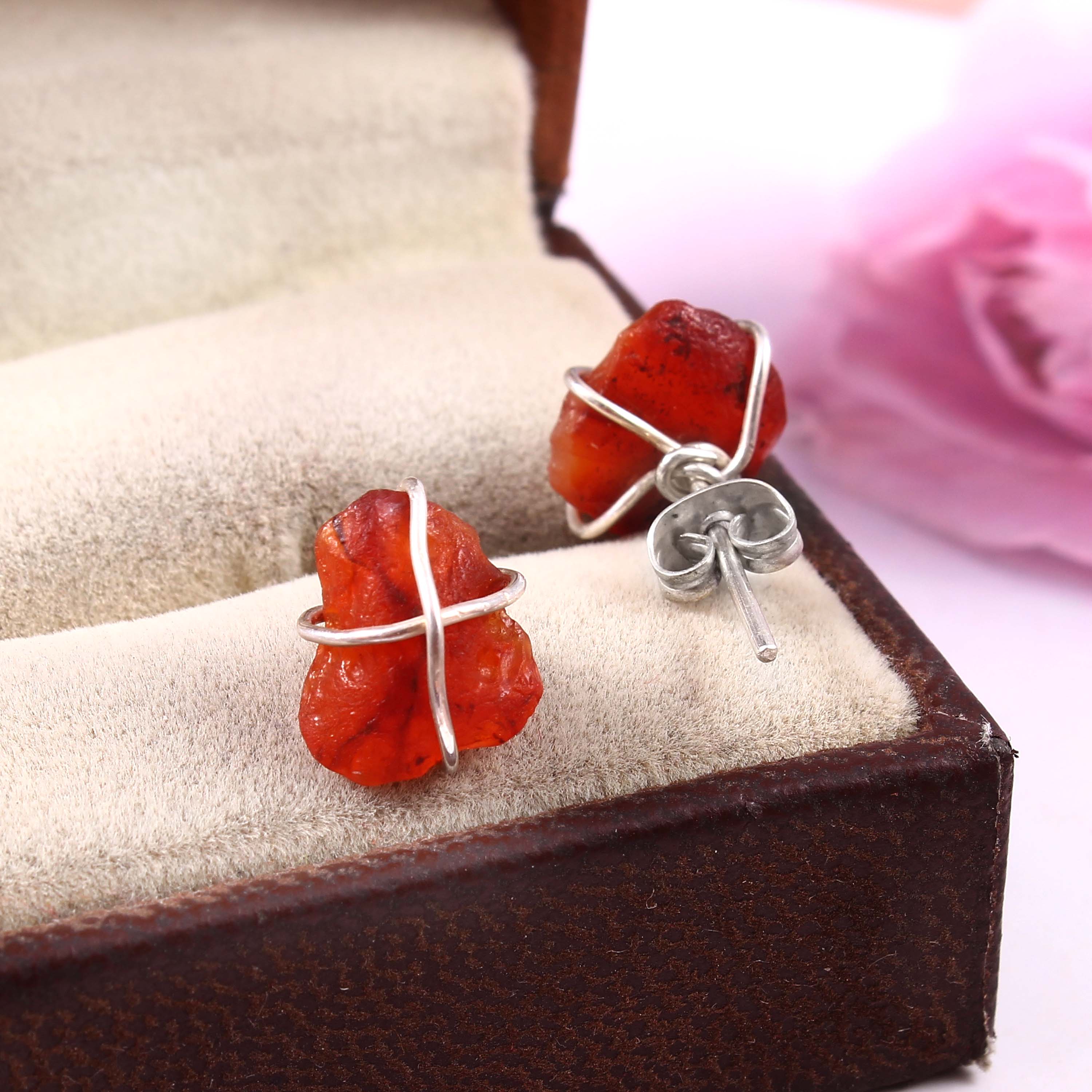 Natural Red Carnelian Rough Gemstone Stud Earrings