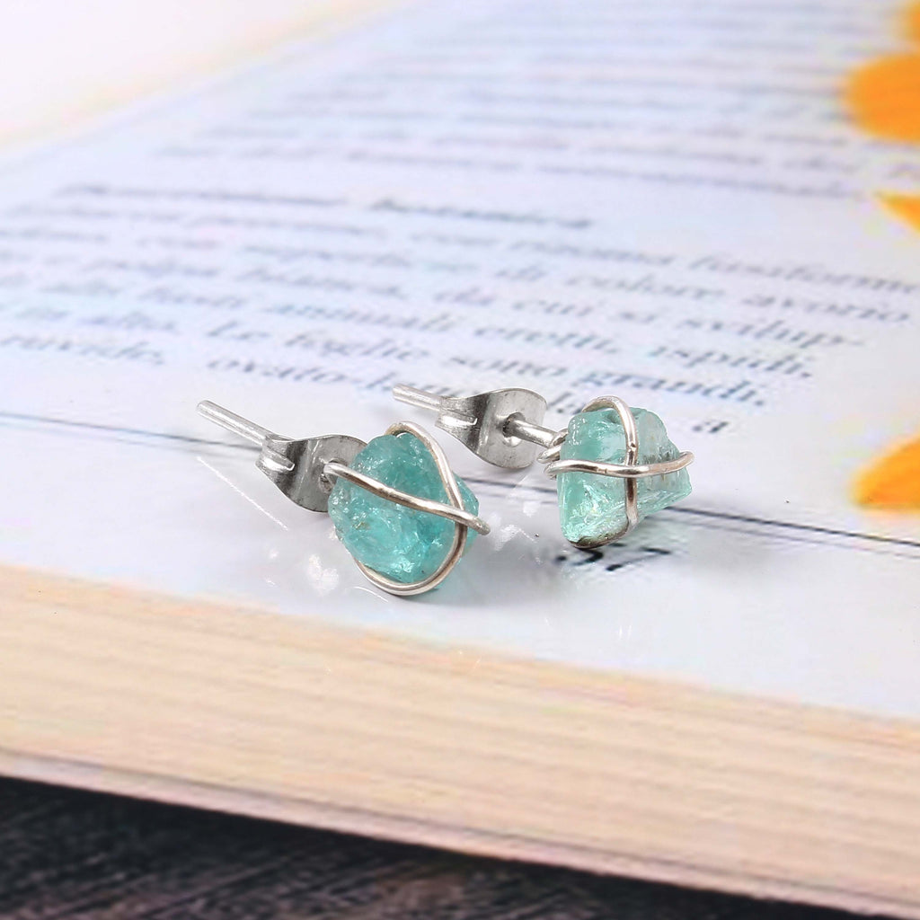 Natural Blue Aquamarine Rough Gemstone Stud Earrings