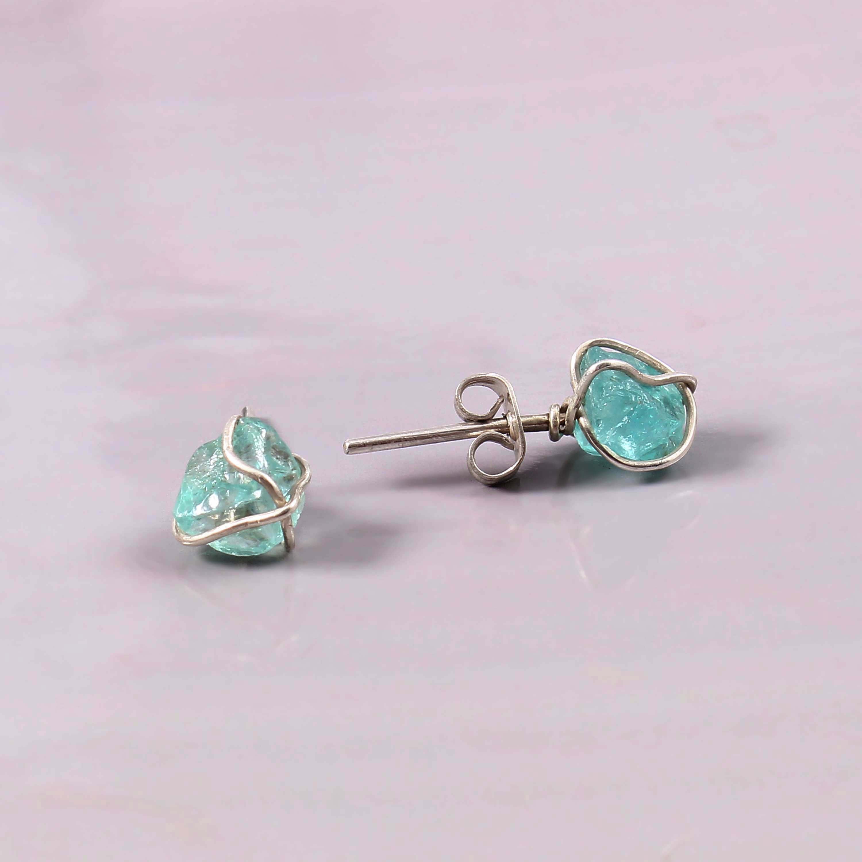 Natural Blue Aquamarine Rough Gemstone Stud Earrings