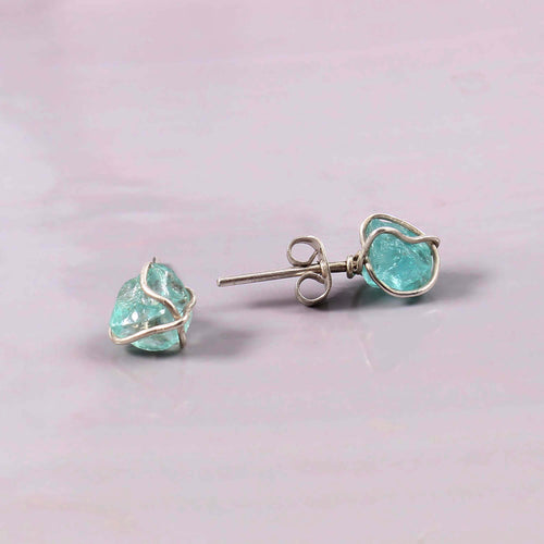 Natural Blue Aquamarine Rough Gemstone Stud Earrings