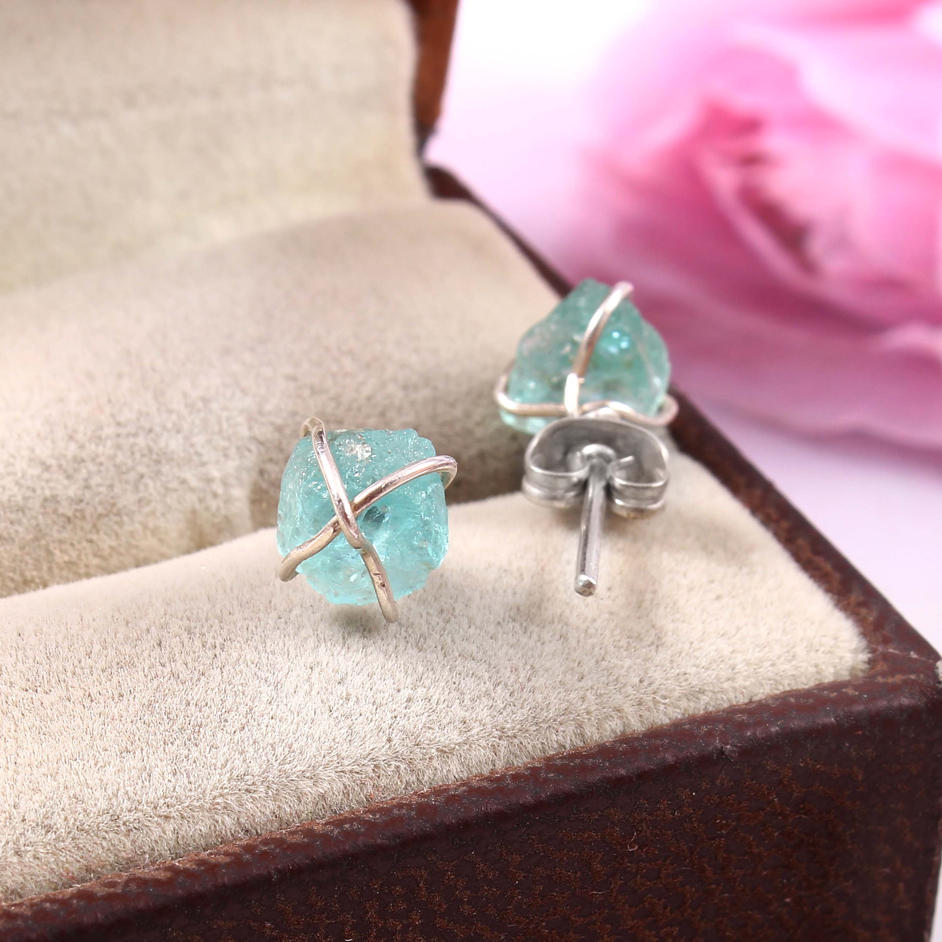Natural Blue Aquamarine Rough Gemstone Stud Earrings