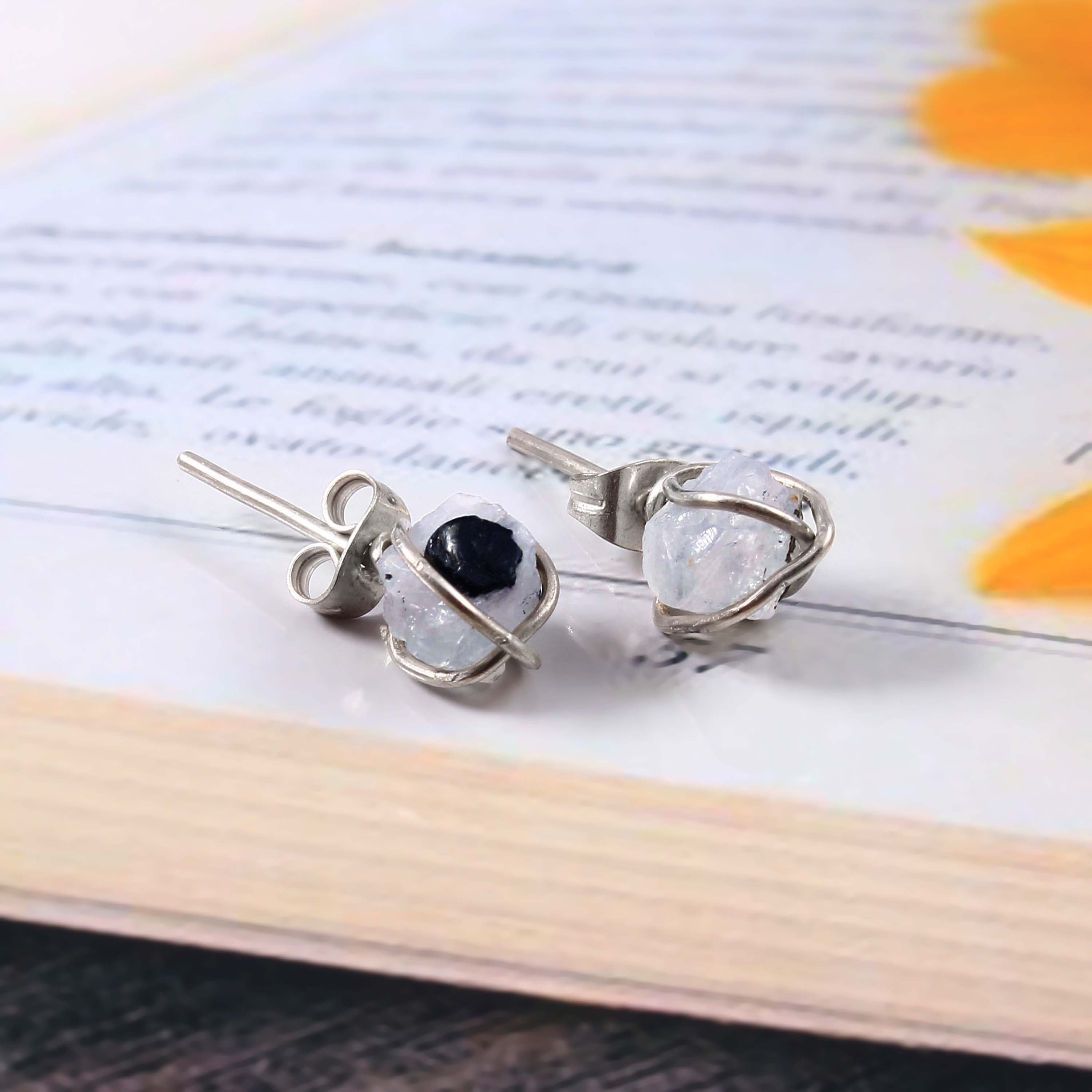 Natural Rainbow Moonstone Rough Gemstone Stud Earrings