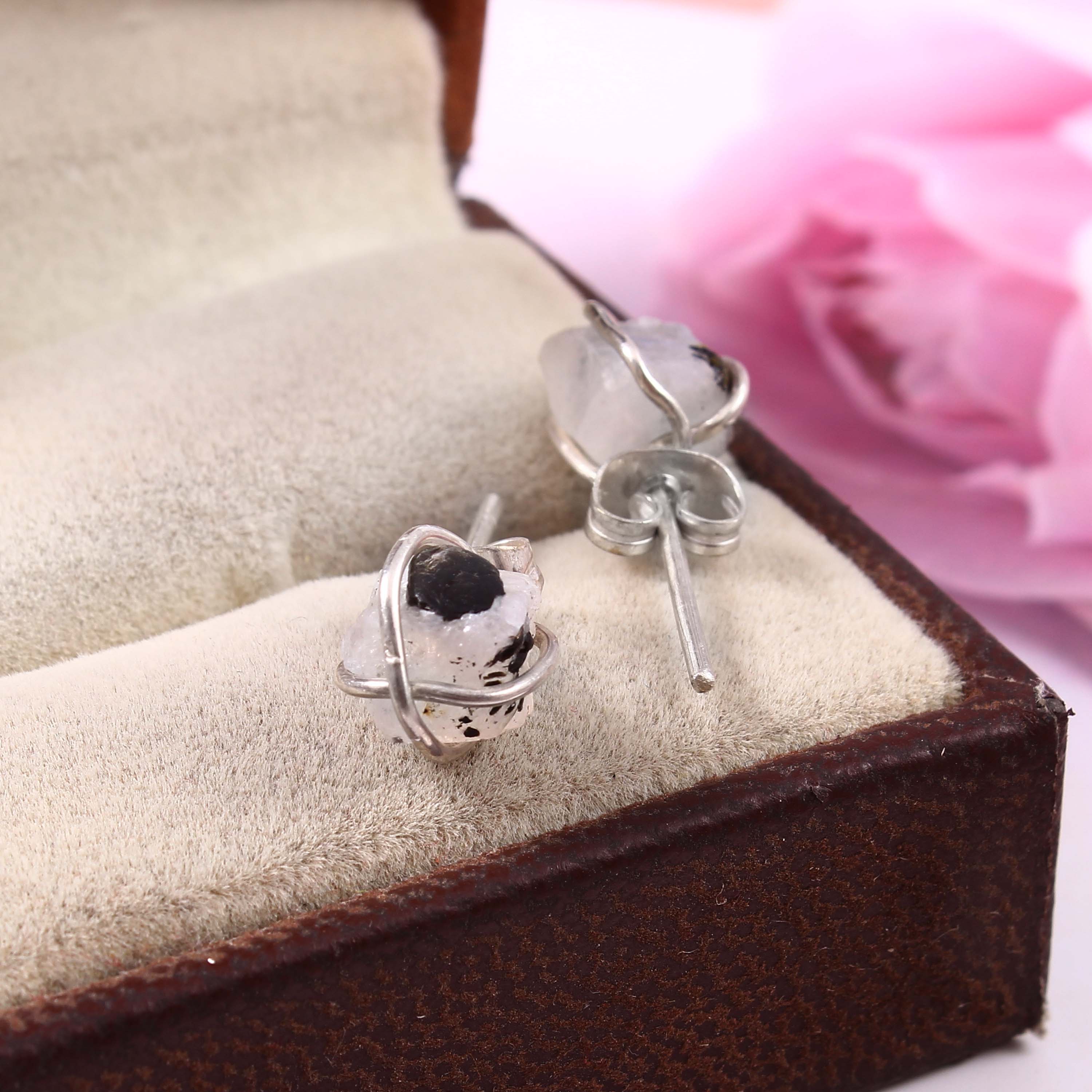 Natural Rainbow Moonstone Rough Gemstone Stud Earrings