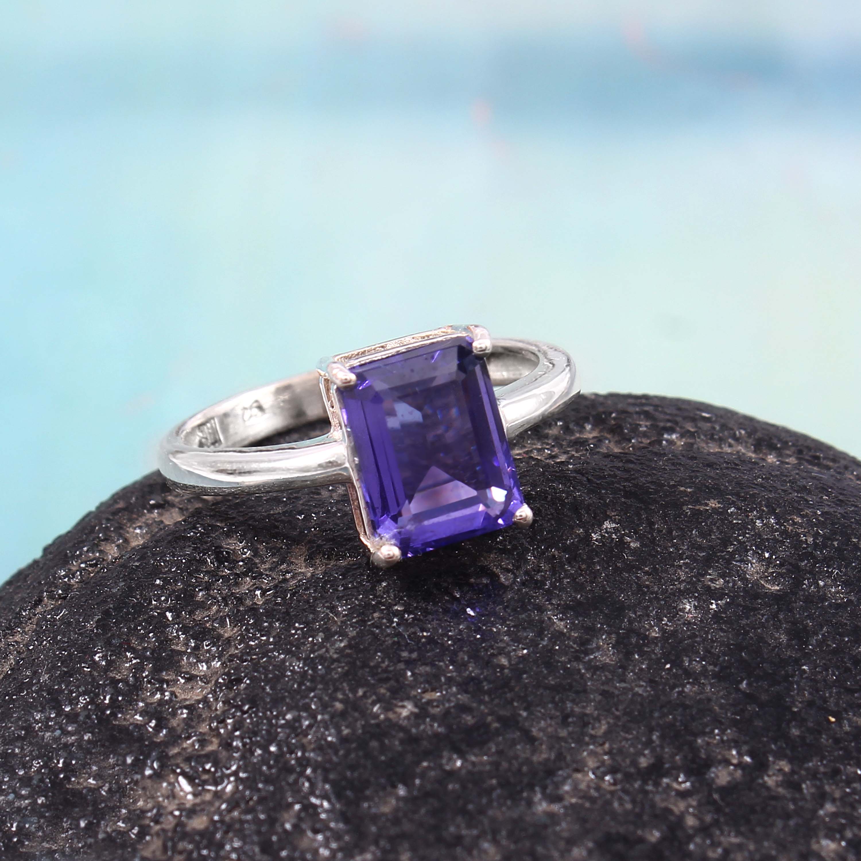 Natural Purple Amethyst Octagon Cut Prong Set Gemstone Ring