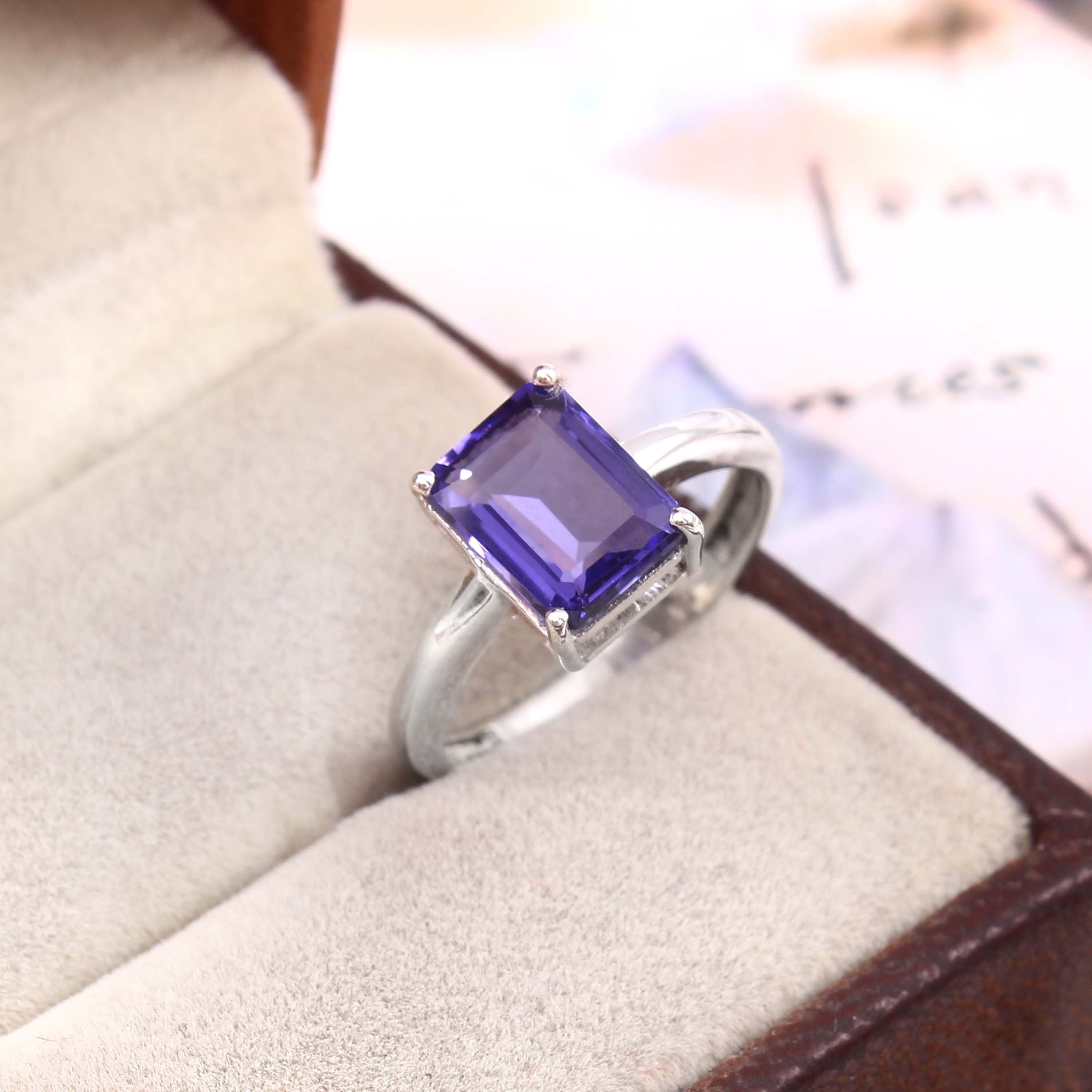 Natural Purple Amethyst Octagon Cut Prong Set Gemstone Ring