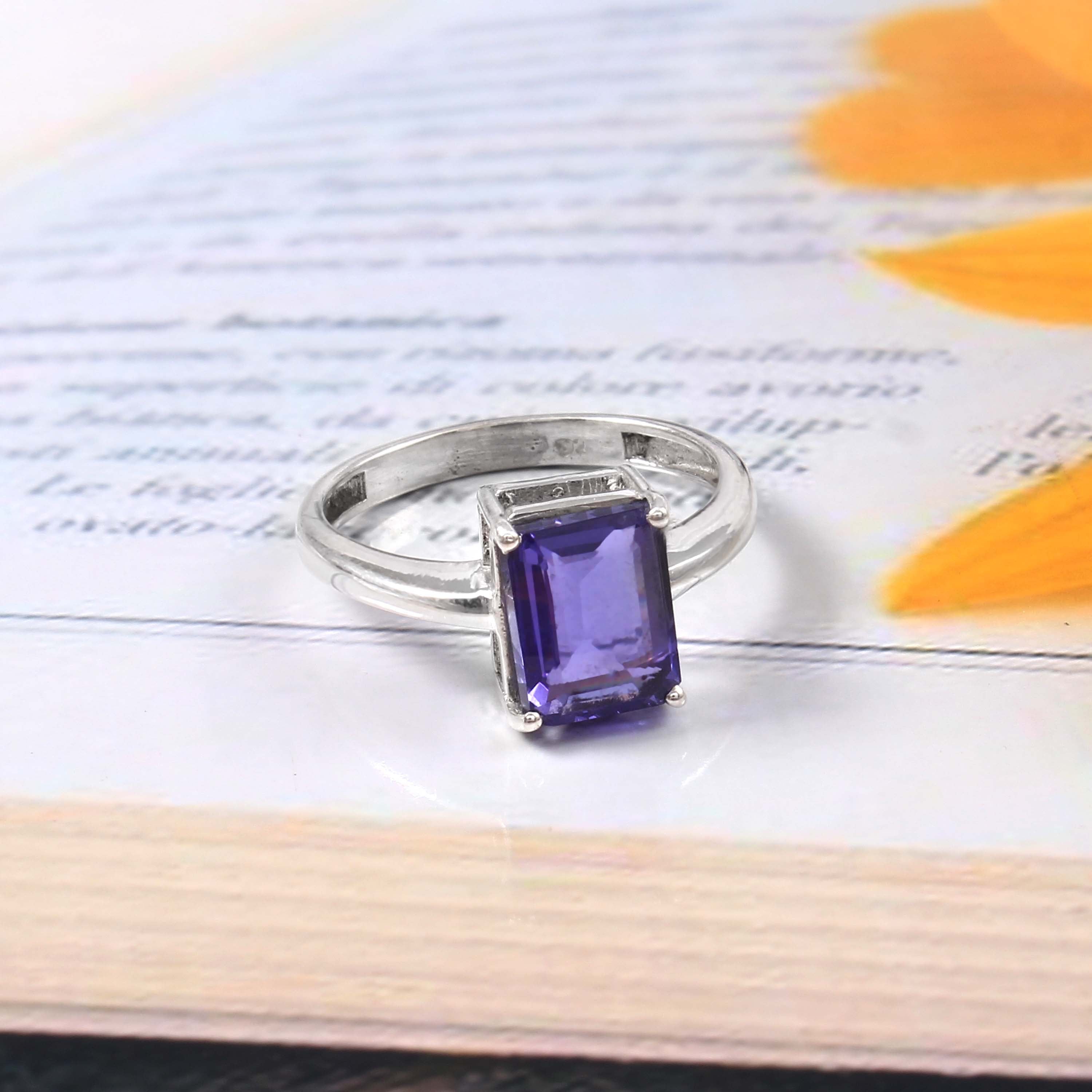Natural Purple Amethyst Octagon Cut Prong Set Gemstone Ring