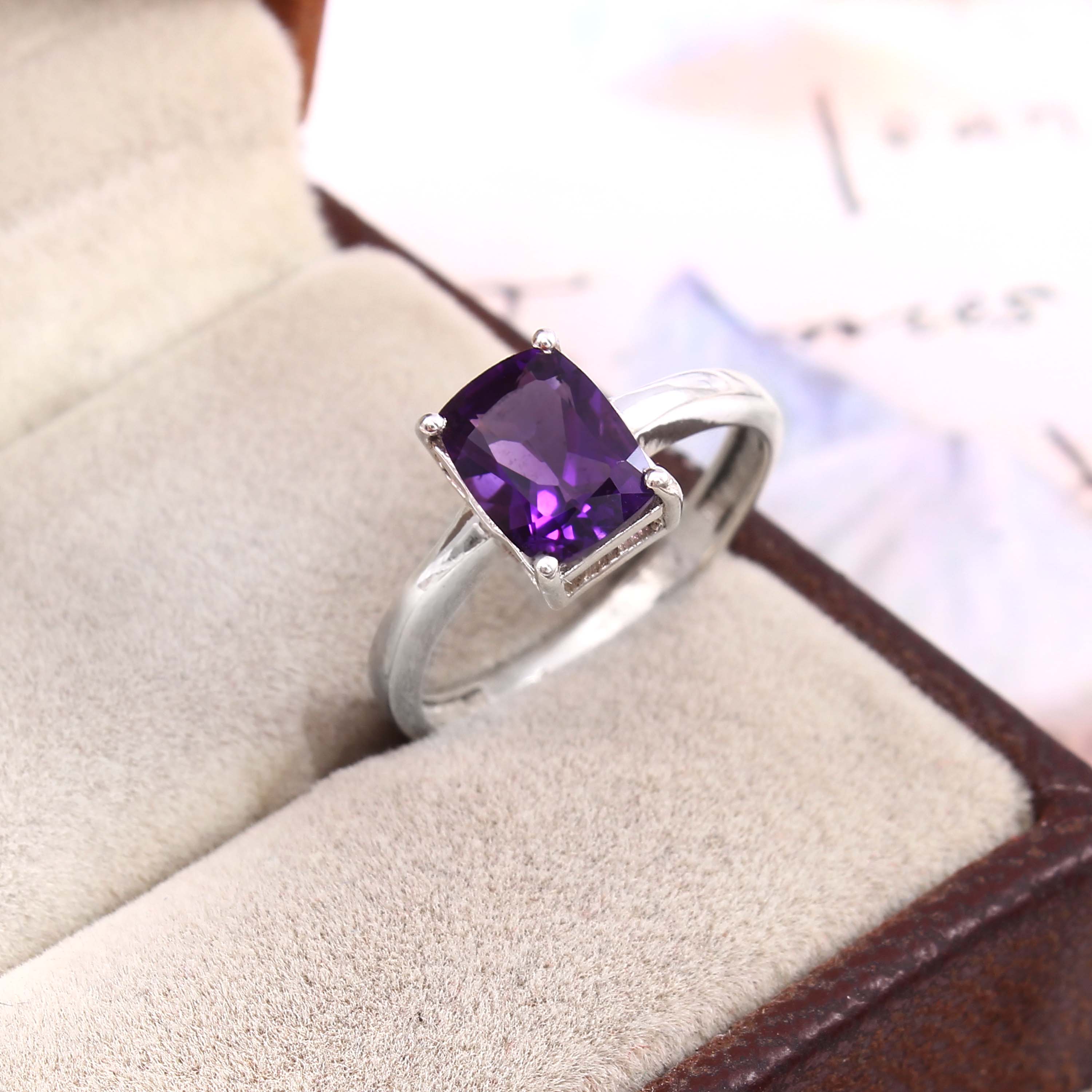 Natural Purple Amethyst Prong Set Gemstone Ring