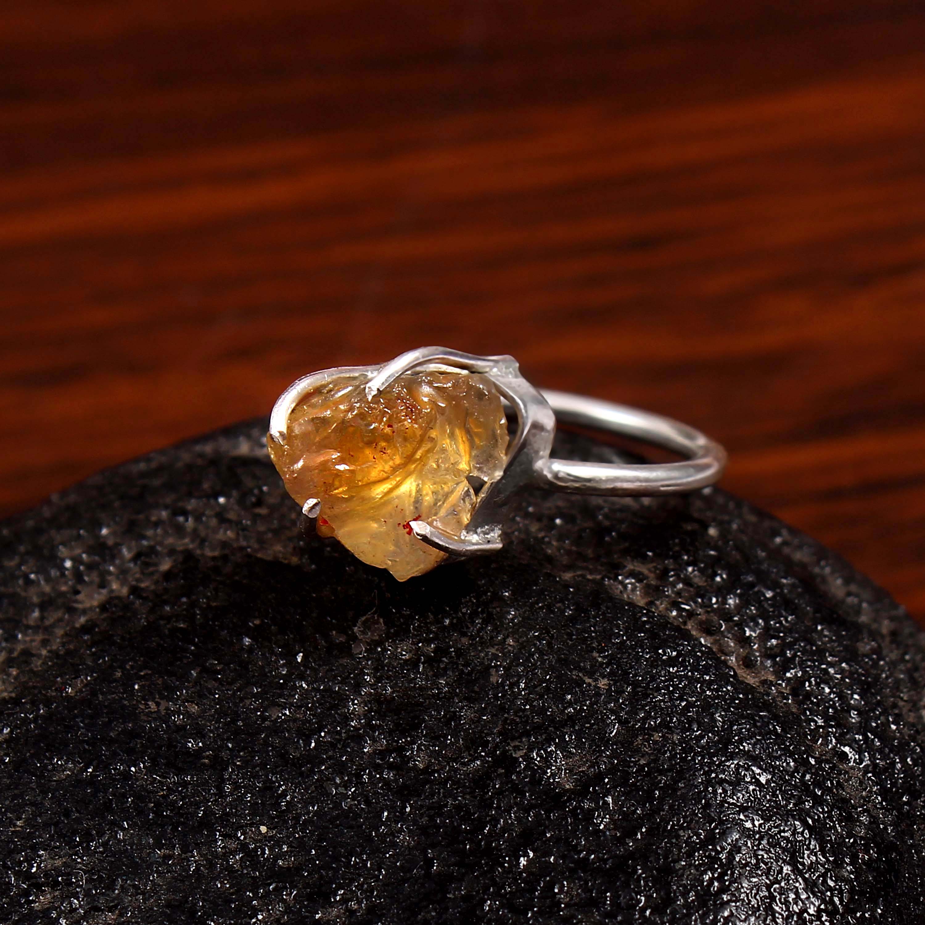 Natural Golden Citrine Free Size Rough Gemstone Ring