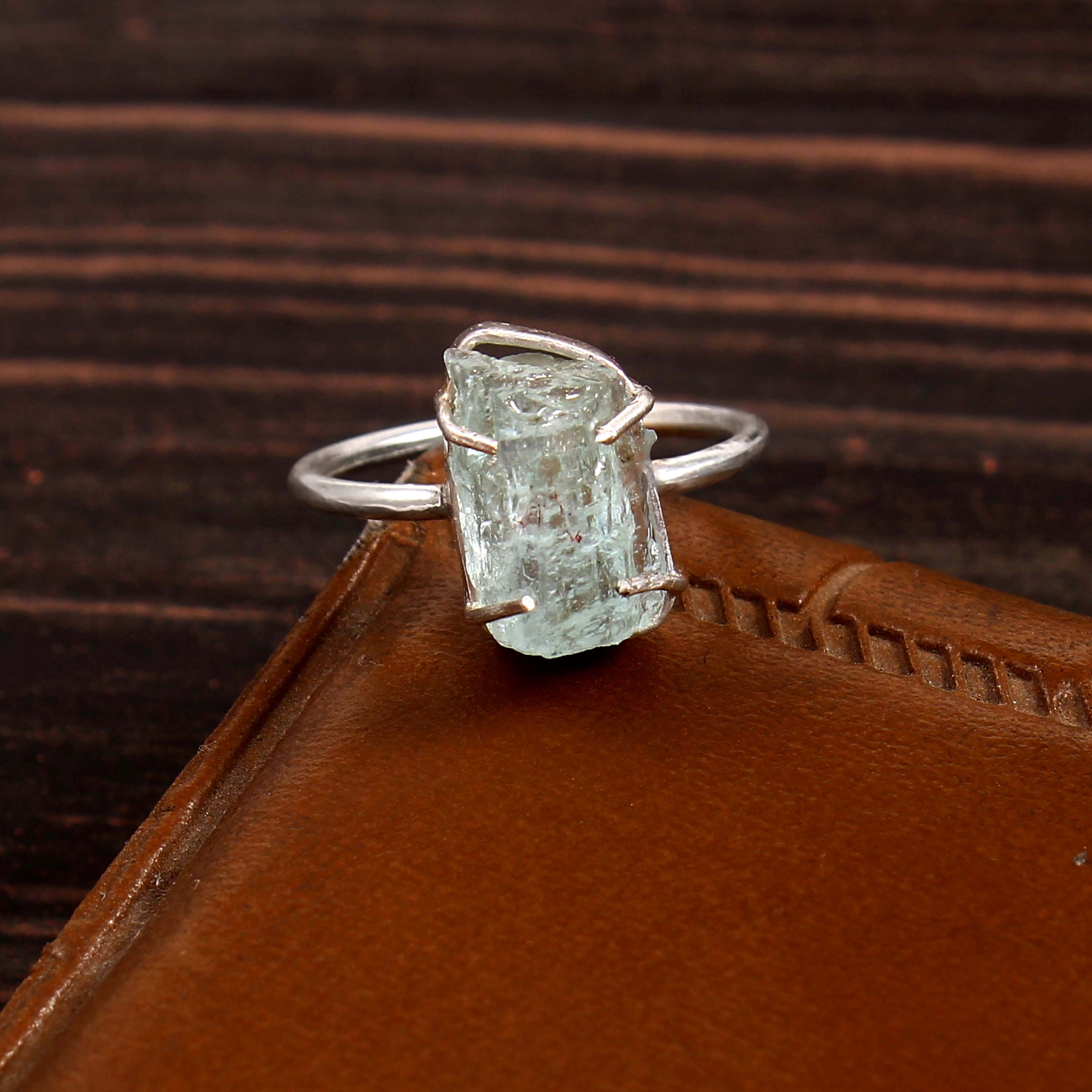 Natural Blue Aquamarine Free Size Rough Gemstone Ring