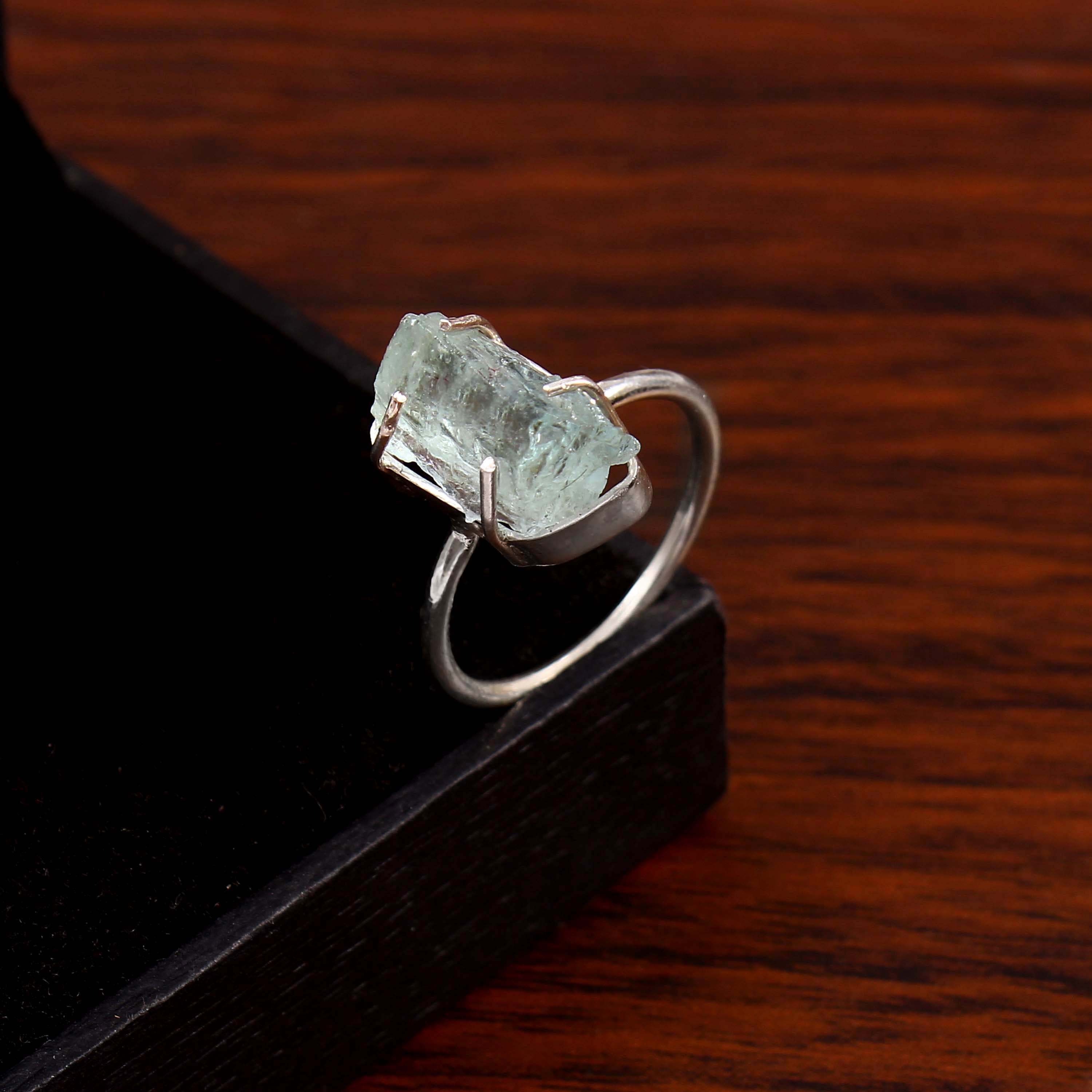 Natural Blue Aquamarine Free Size Rough Gemstone Ring