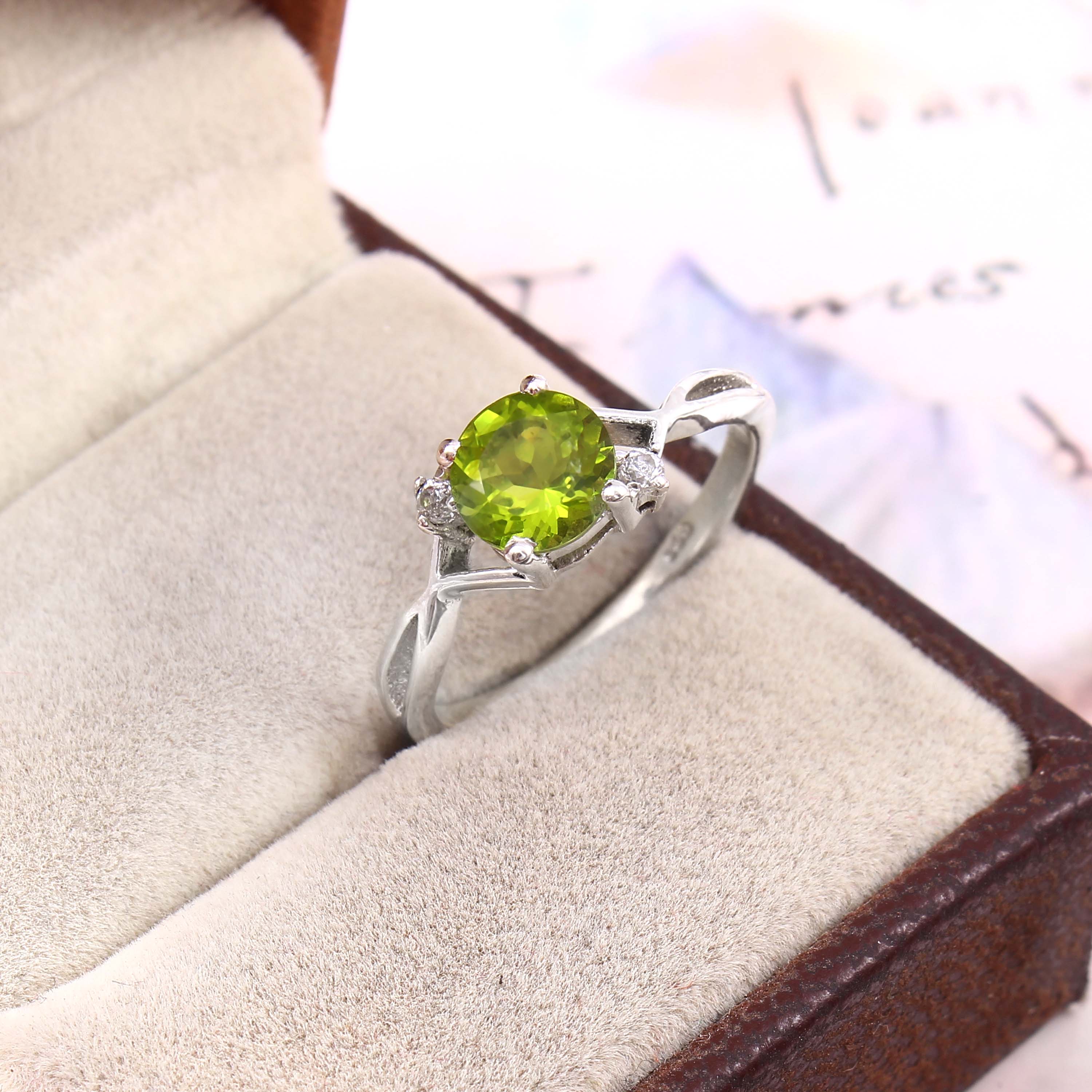 Natural Green Peridot Prong Set Gemstone Ring