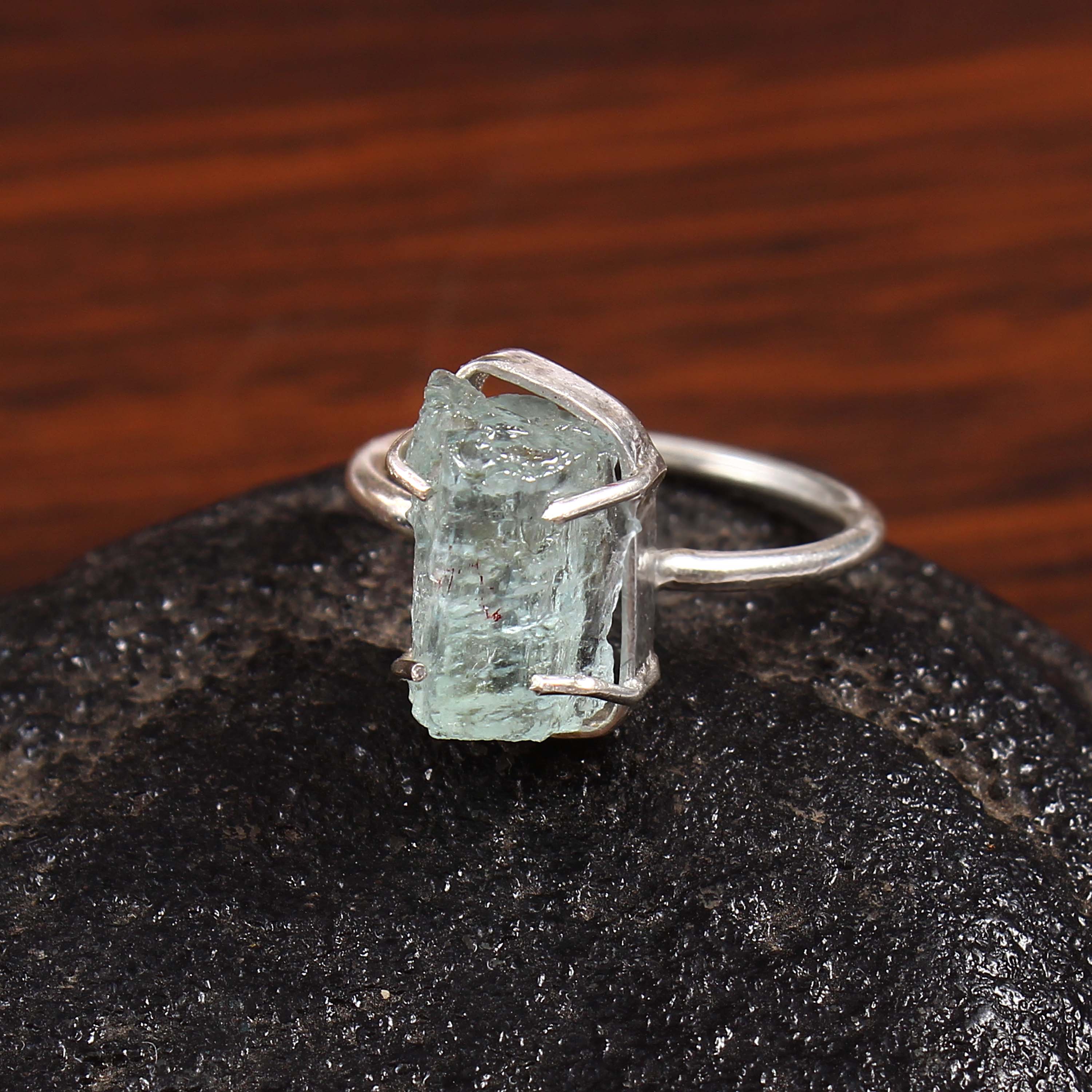 Natural Blue Aquamarine Free Size Rough Gemstone Ring