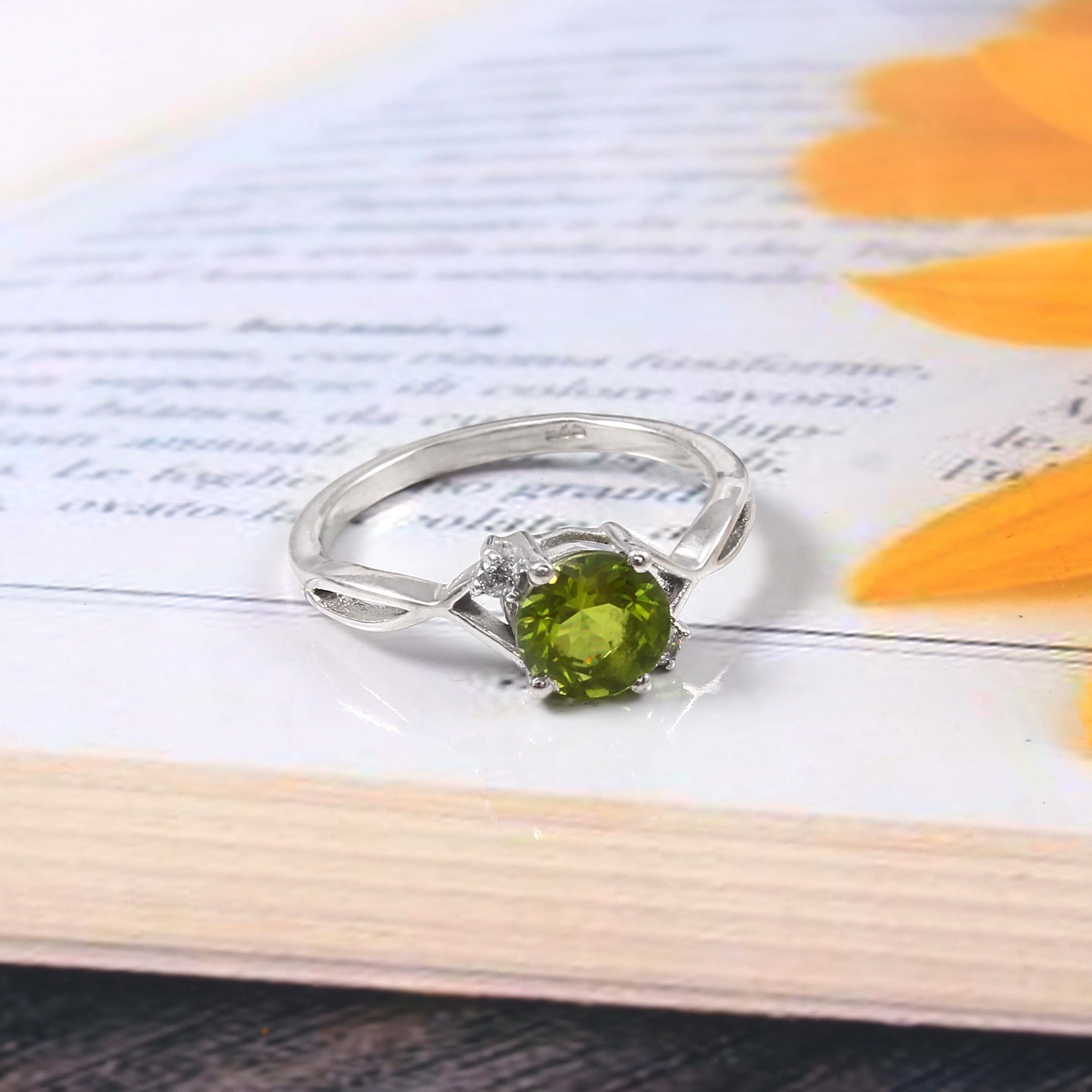 Natural Green Peridot Prong Set Gemstone Ring