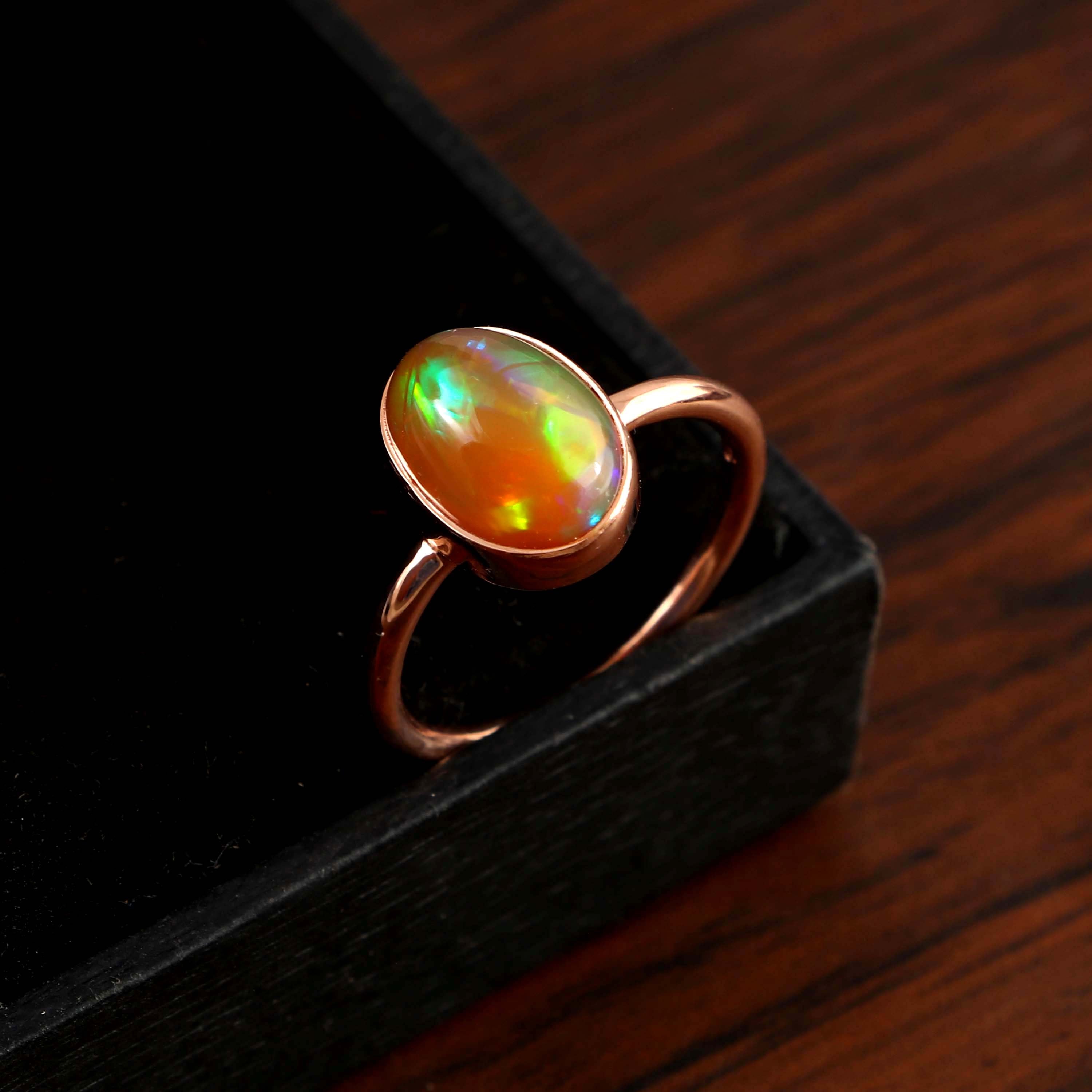 Natural Ethiopian Opal Oval Cabochons Gemstone Ring