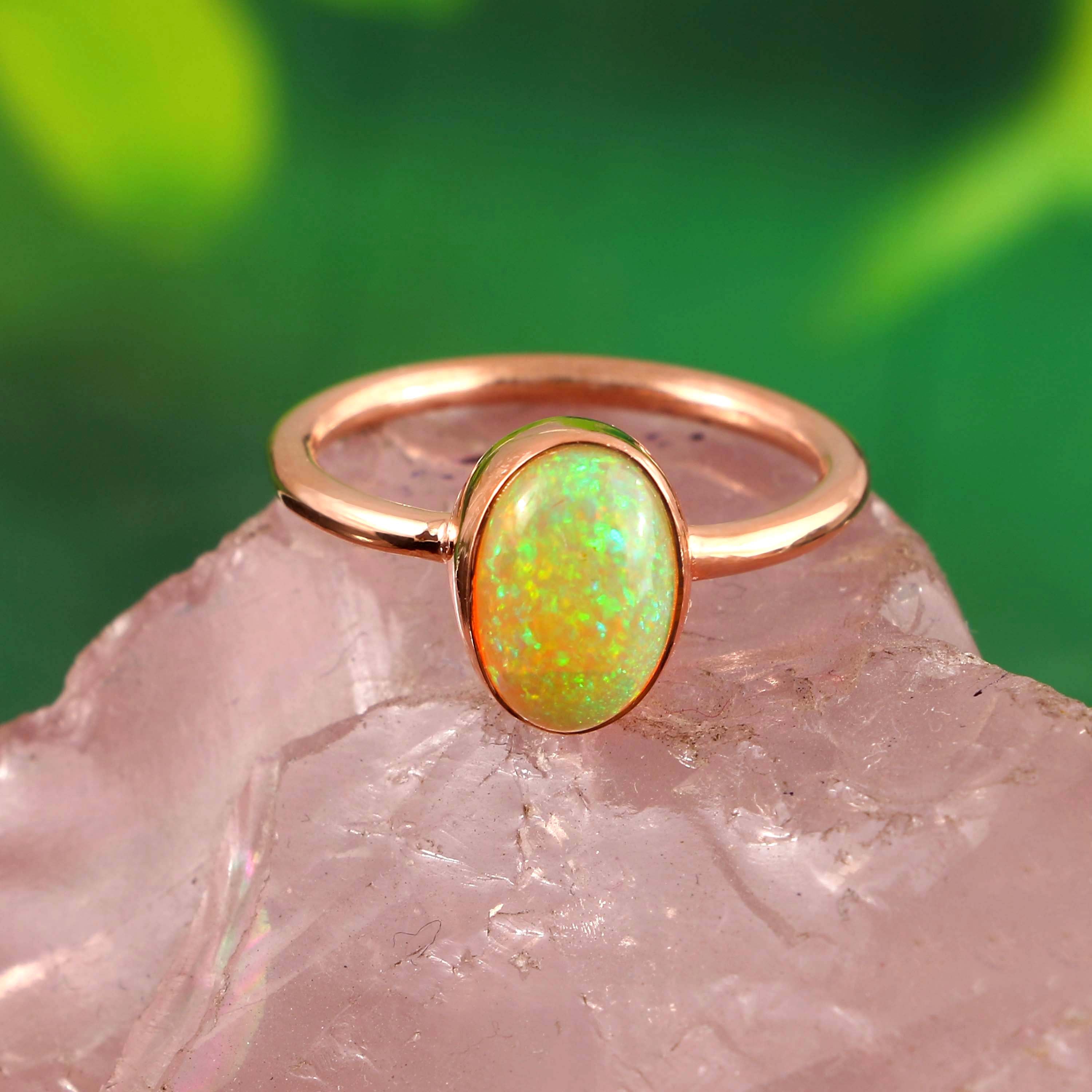Natural Ethiopian Opal Oval Cabochons Gemstone Ring