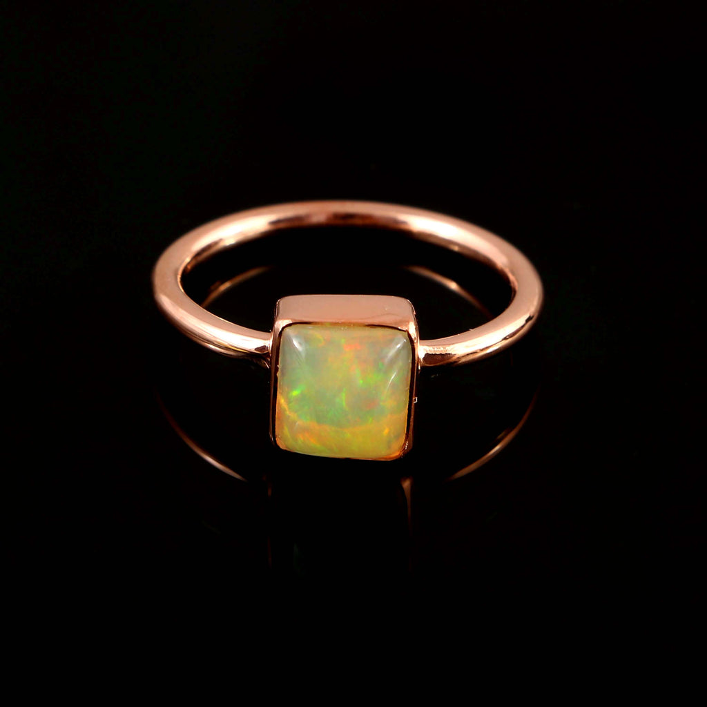 Natural Ethiopian Opal Square Cabochons Gemstone Ring