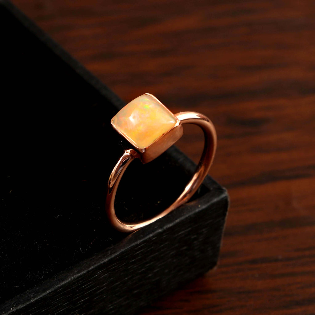Natural Ethiopian Opal Square Cabochons Gemstone Ring