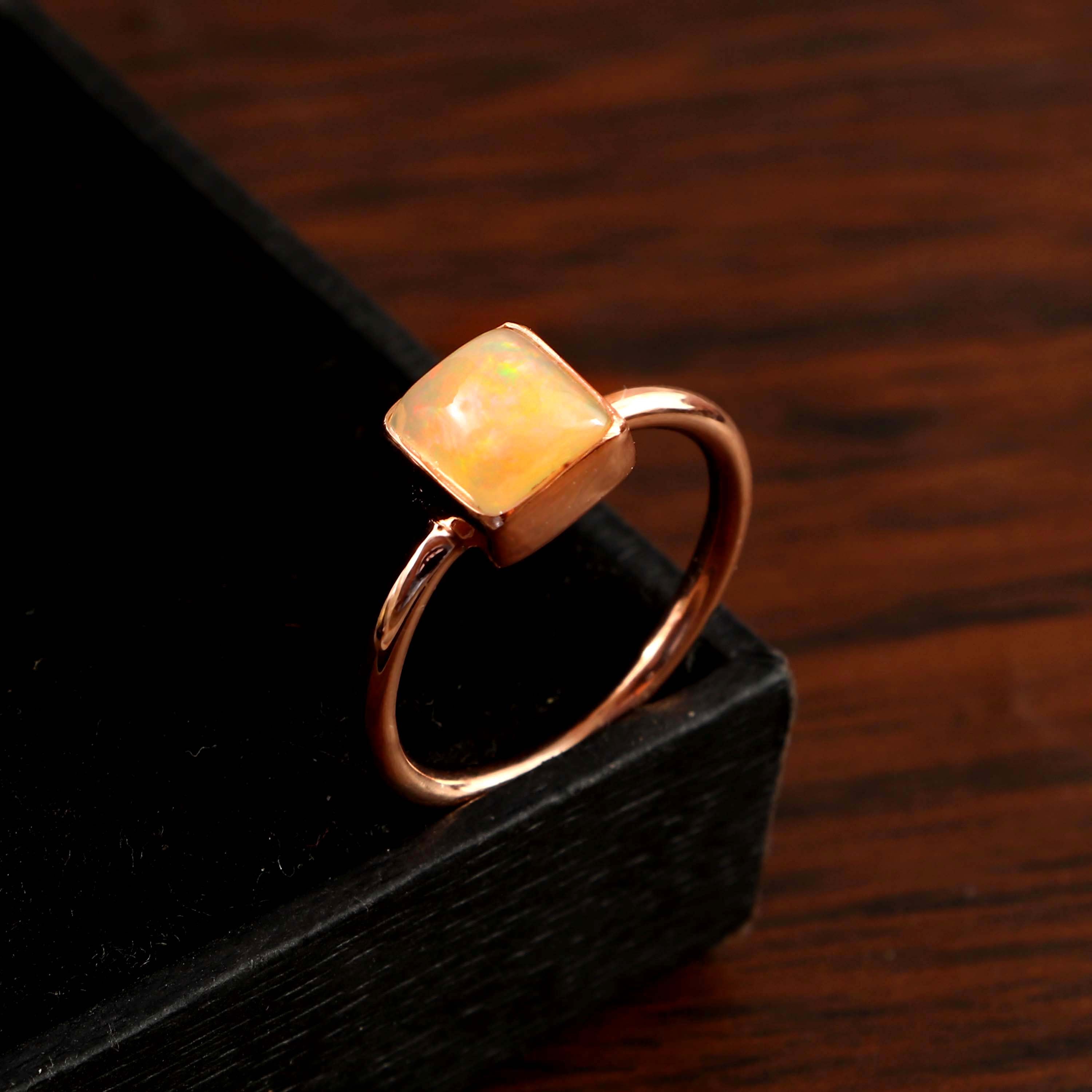 Natural Ethiopian Opal Square Cabochons Gemstone Ring