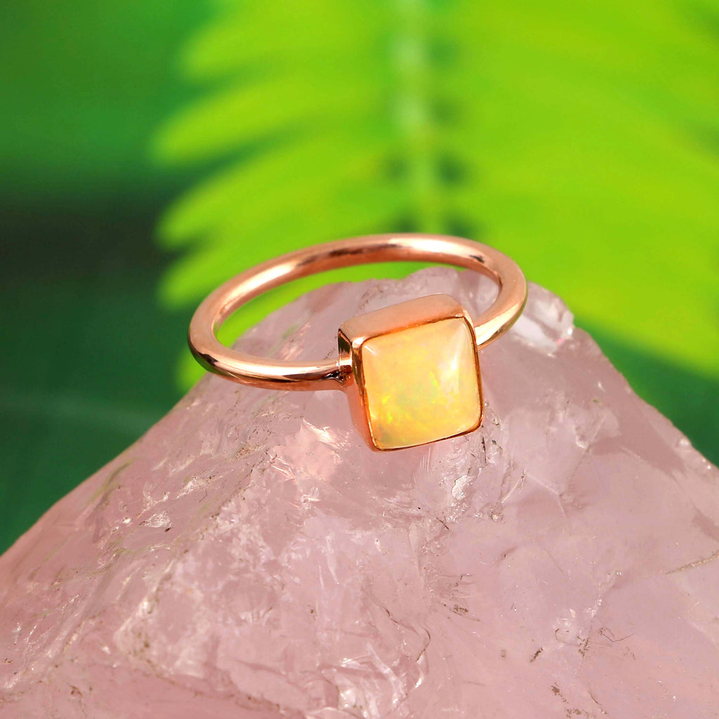 Natural Ethiopian Opal Square Cabochons Gemstone Ring