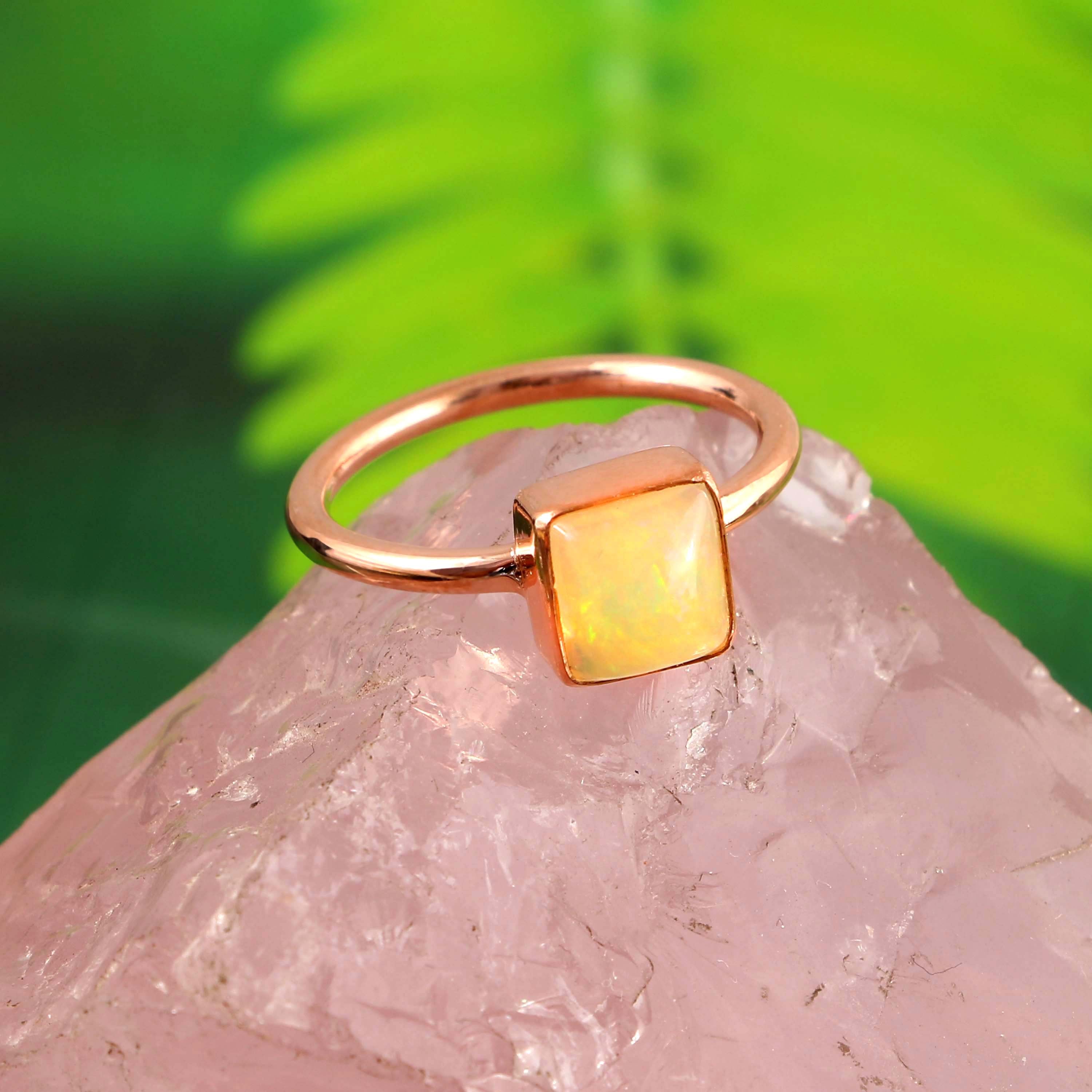 Natural Ethiopian Opal Square Cabochons Gemstone Ring