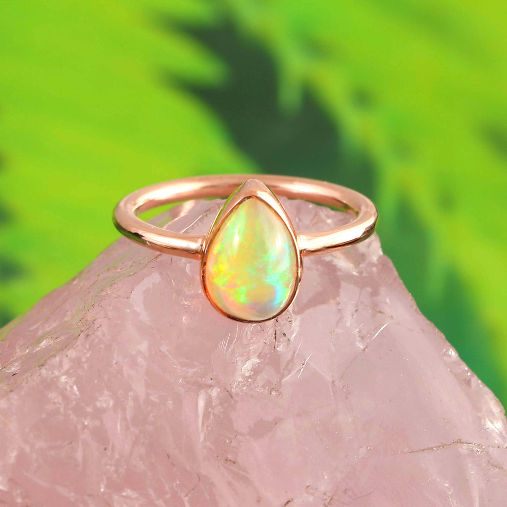 Natural Ethiopian Opal Pear Cabochons Gemstone Ring