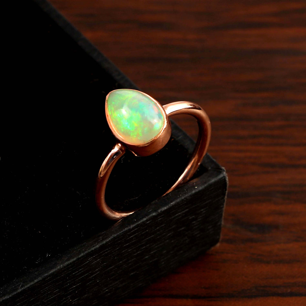 Natural Ethiopian Opal Pear Cabochons Gemstone Ring