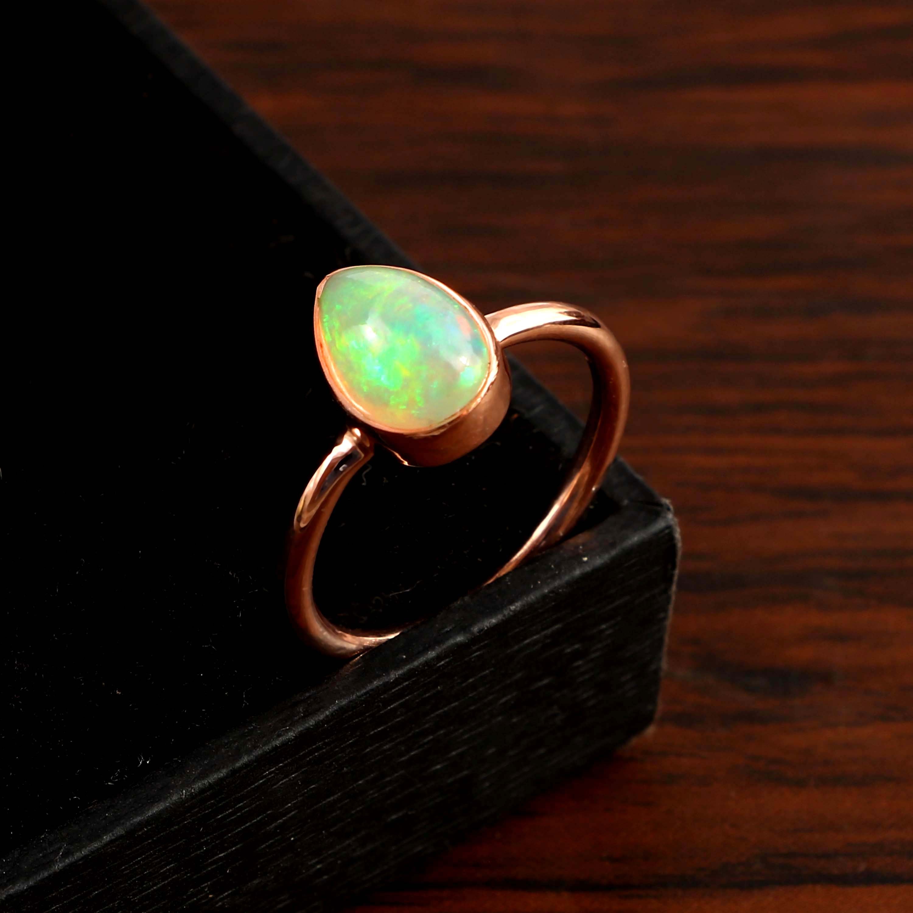 Natural Ethiopian Opal Pear Cabochons Gemstone Ring