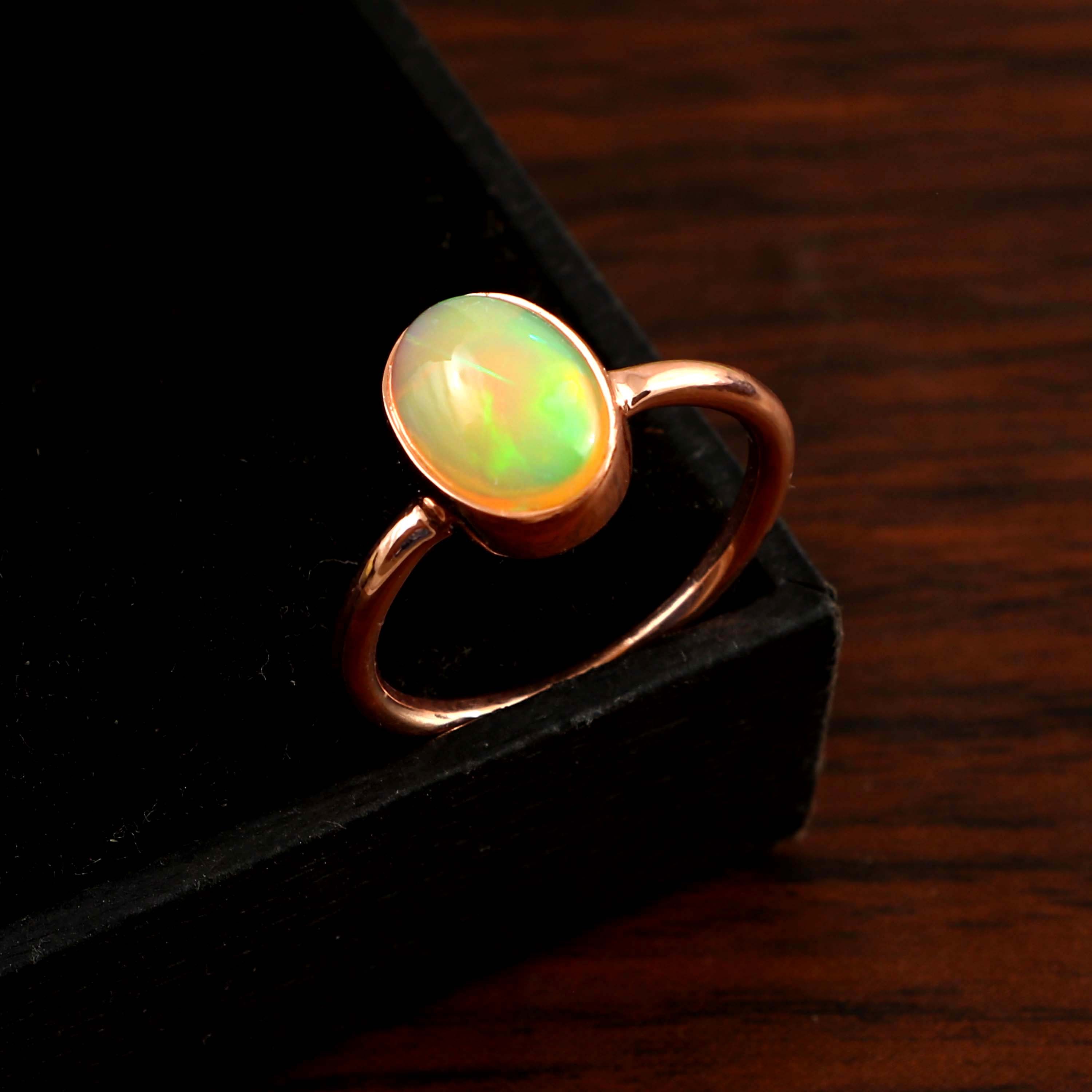 Natural Ethiopian Opal Oval Cabochons Gemstone Ring