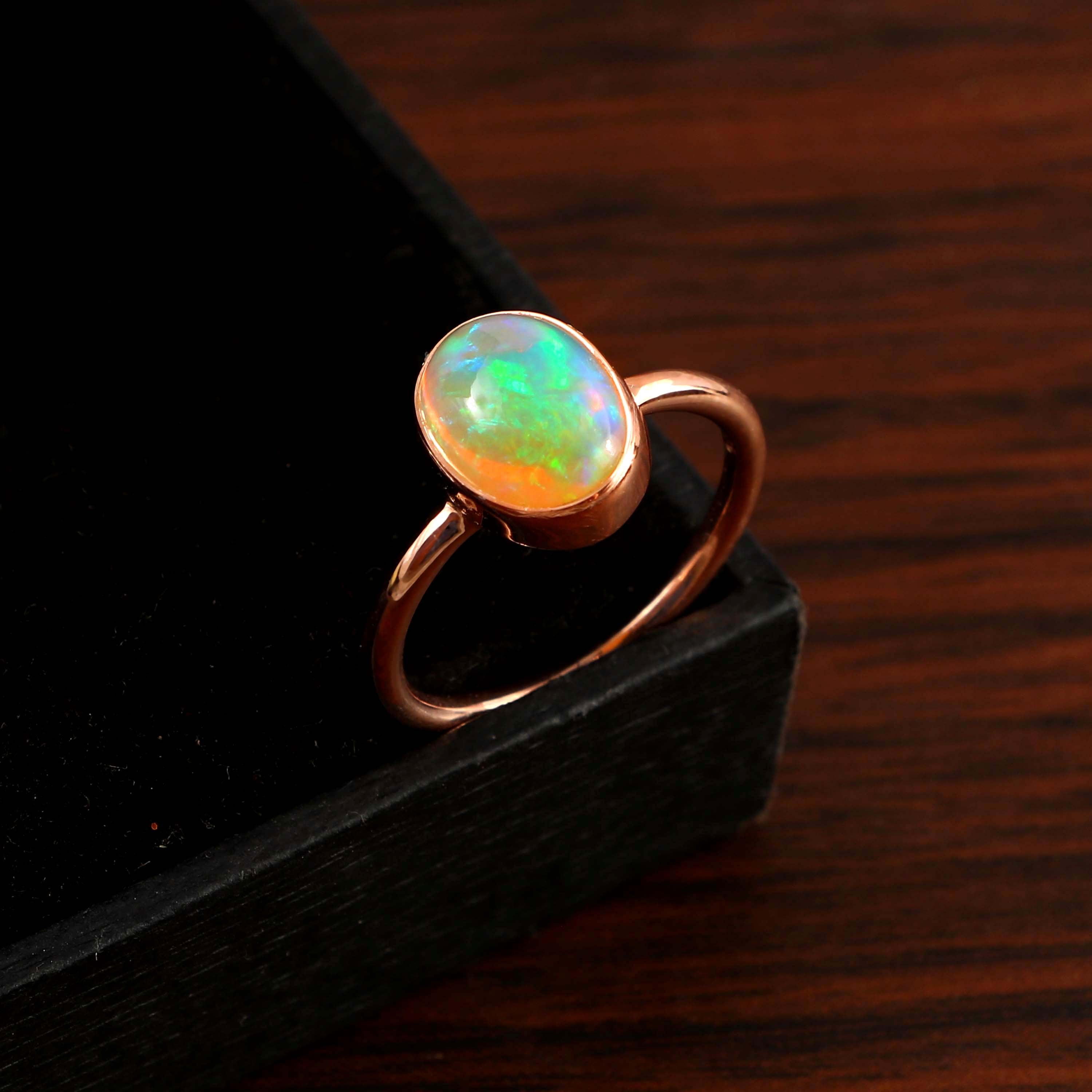 Natural Ethiopian Opal Oval Cabochons Gemstone Ring