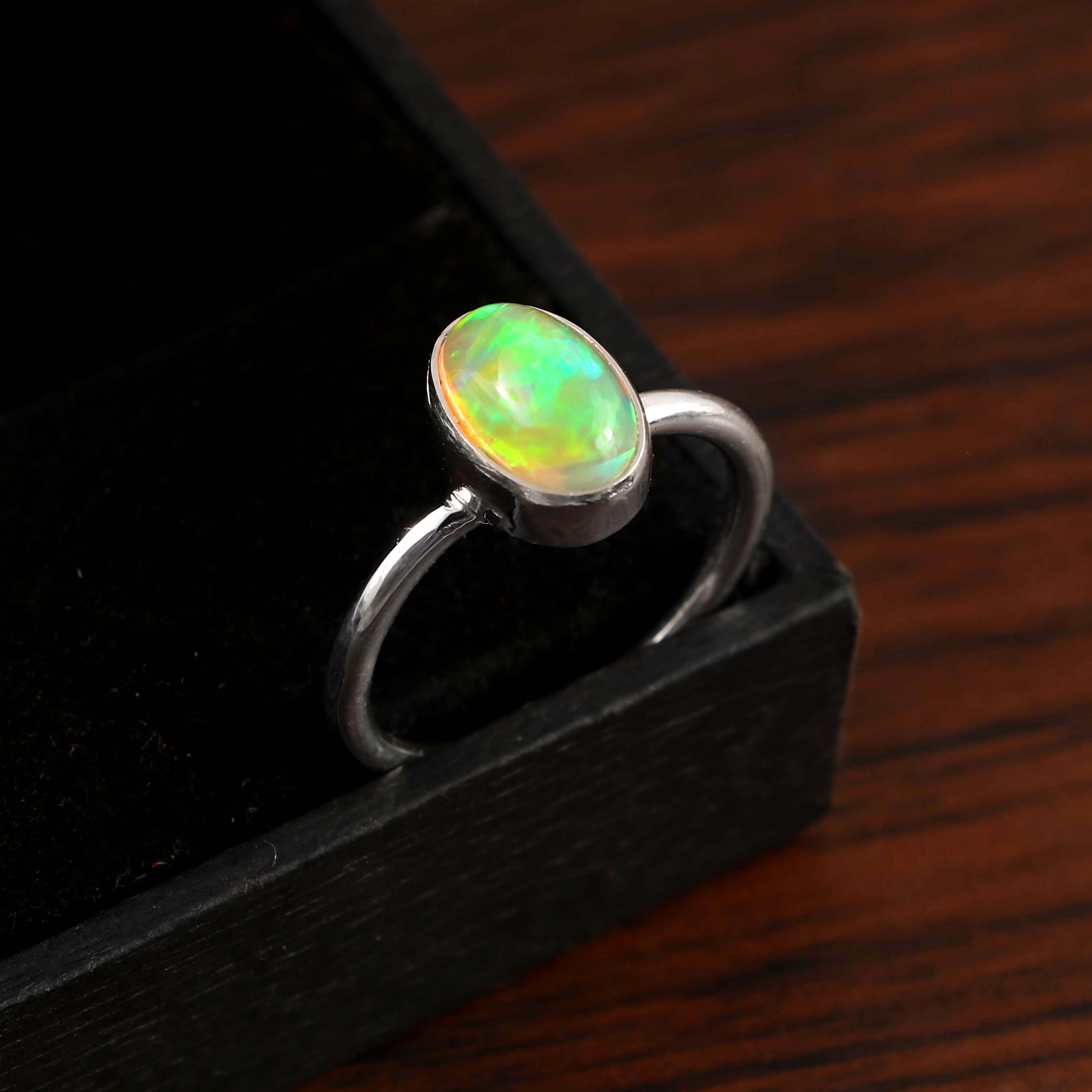 Natural Ethiopian Opal Oval Cabochons Gemstone Ring