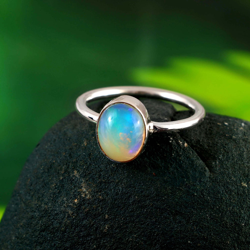 Natural Ethiopian Opal Oval Cabochons Gemstone Ring