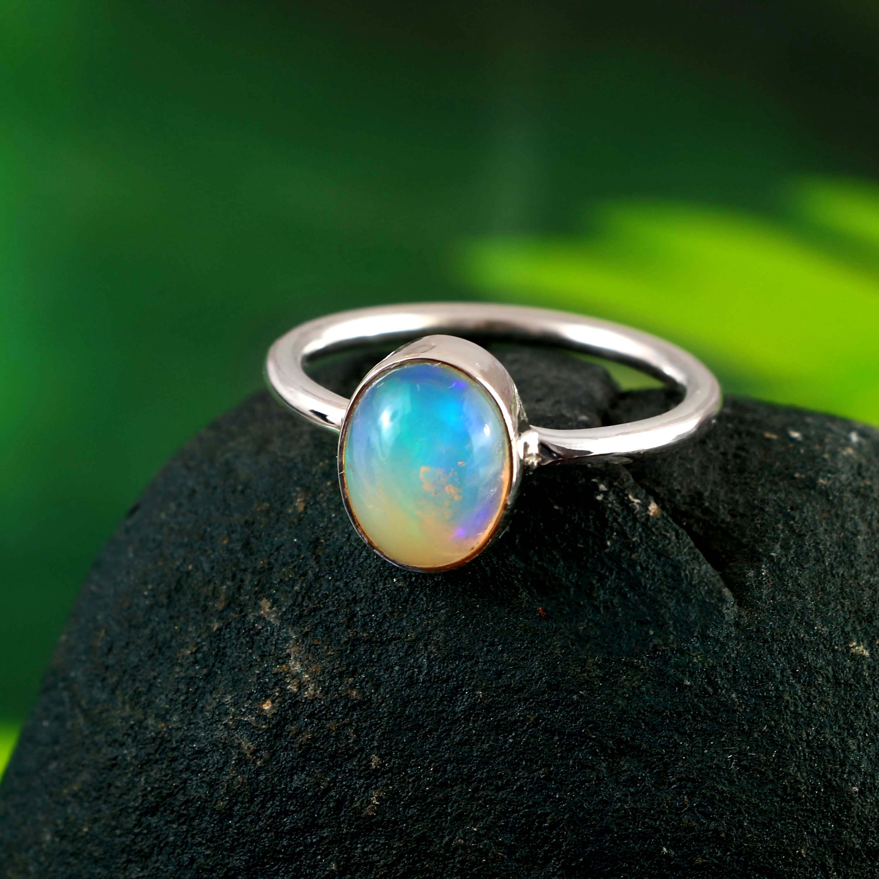 Natural Ethiopian Opal Oval Cabochons Gemstone Ring